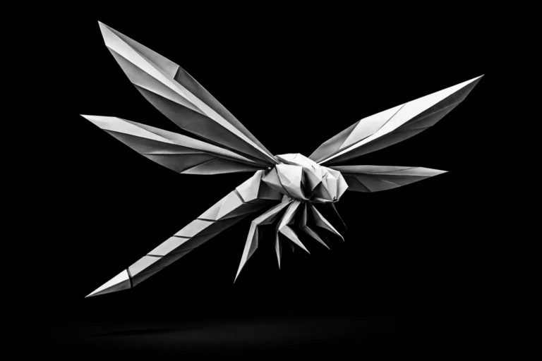 Monochrome origami dragonfly representing lead reactivation and operational efficiency for local service business pipelines
