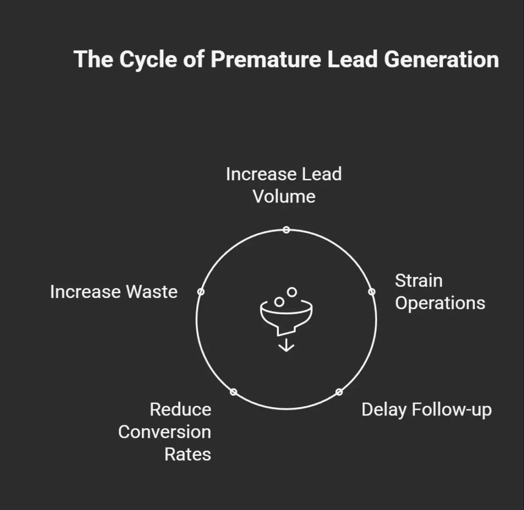 Diagram illustrating how increasing lead volume without consistent follow-up can reduce conversion rates and strain business operations