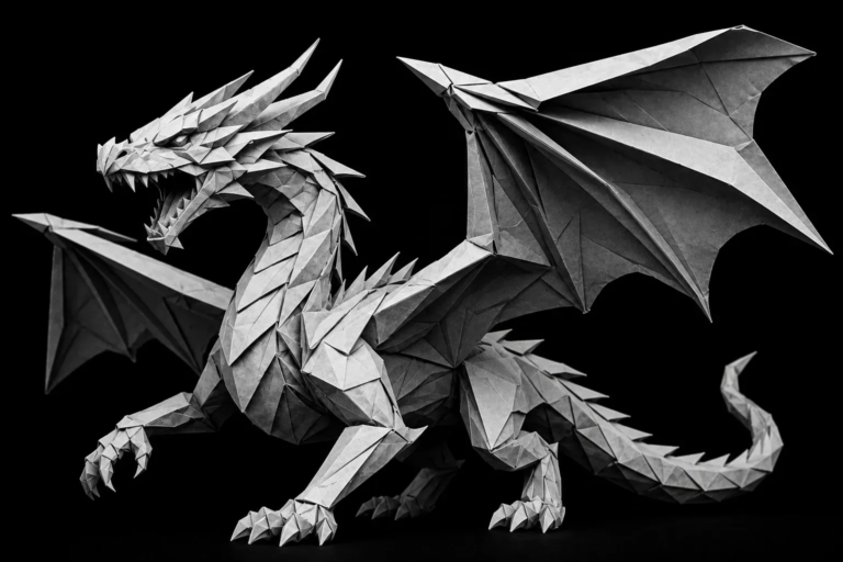 Monochrome origami dragon representing SMS follow-up systems helping local businesses recover missed leads and improve follow-up consistency