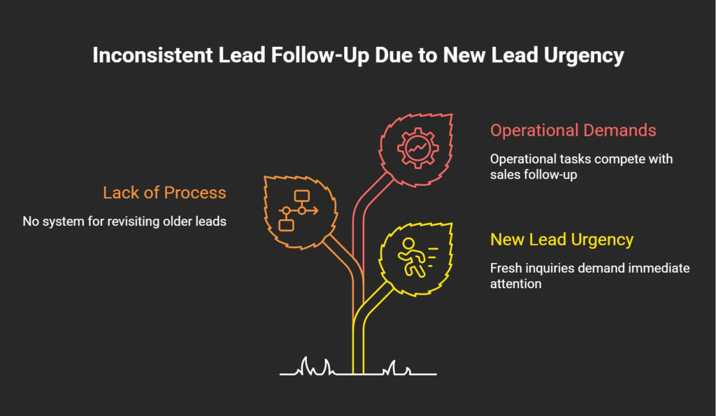 Infographic showing how new lead urgency, operational demands, and lack of process cause businesses to stop following up with older leads
