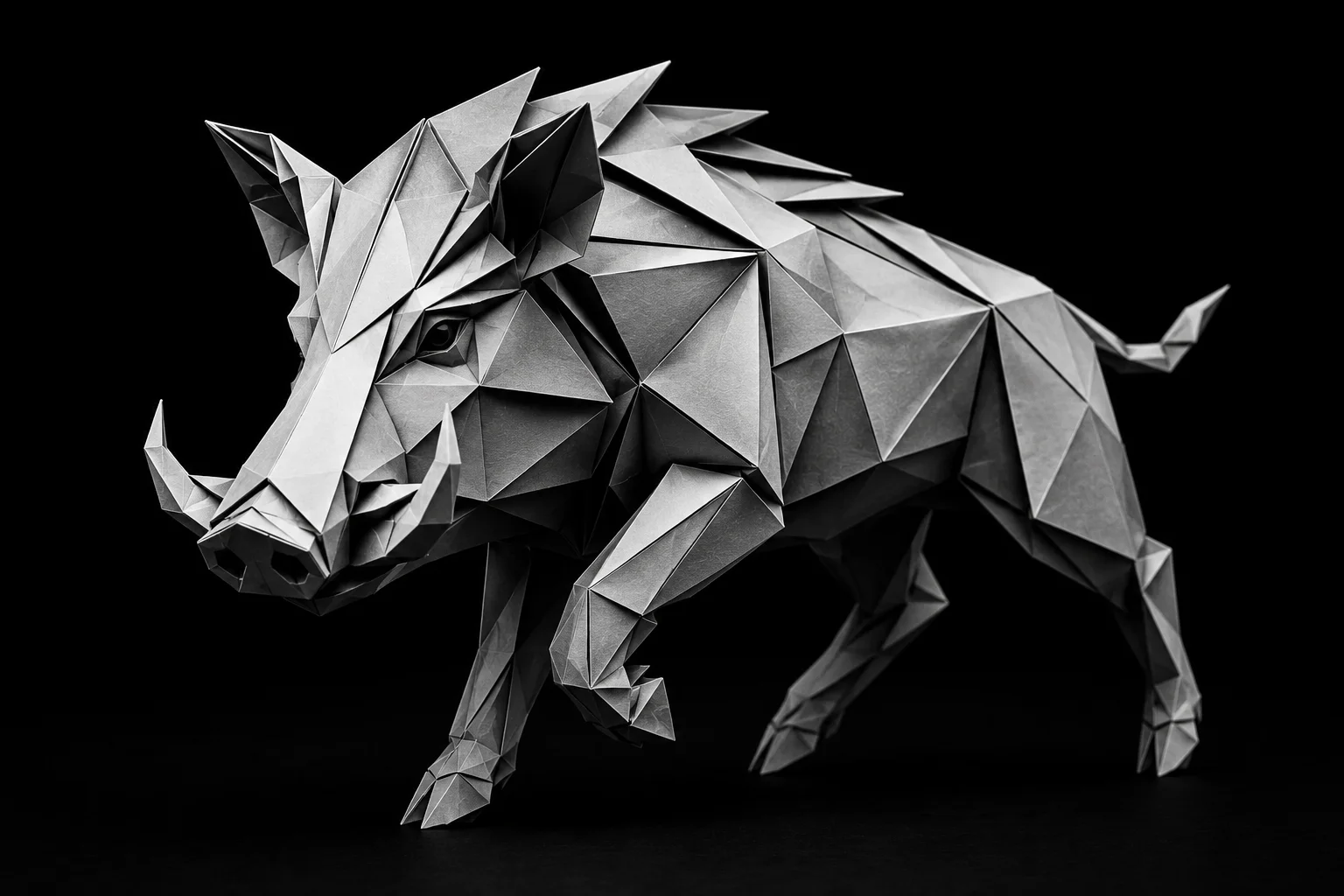 Monochrome origami boar symbolizing the persistence required to continue lead follow-up beyond the second contact attempt
