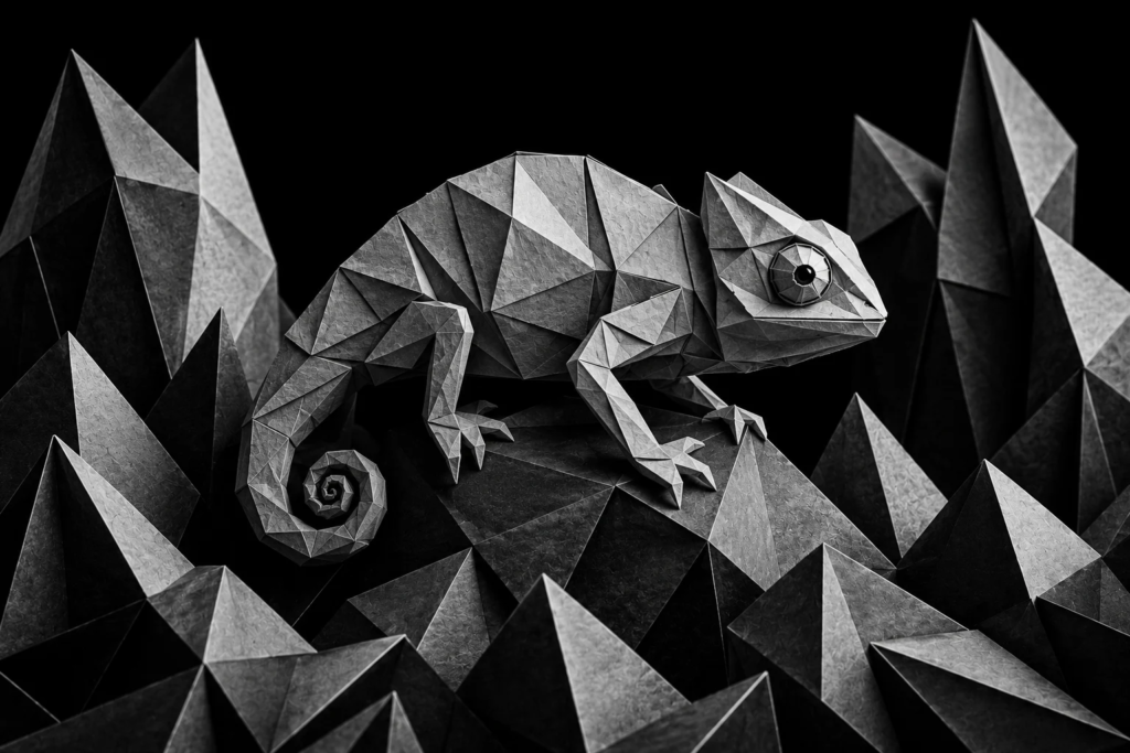 Monochrome origami chameleon among angular shapes, representing how lead behavior changes over time and why businesses often misinterpret lead quality