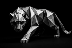 Monochrome origami panther representing the strength and persistence of AI SMS systems that support human sales teams through continuous lead follow-up