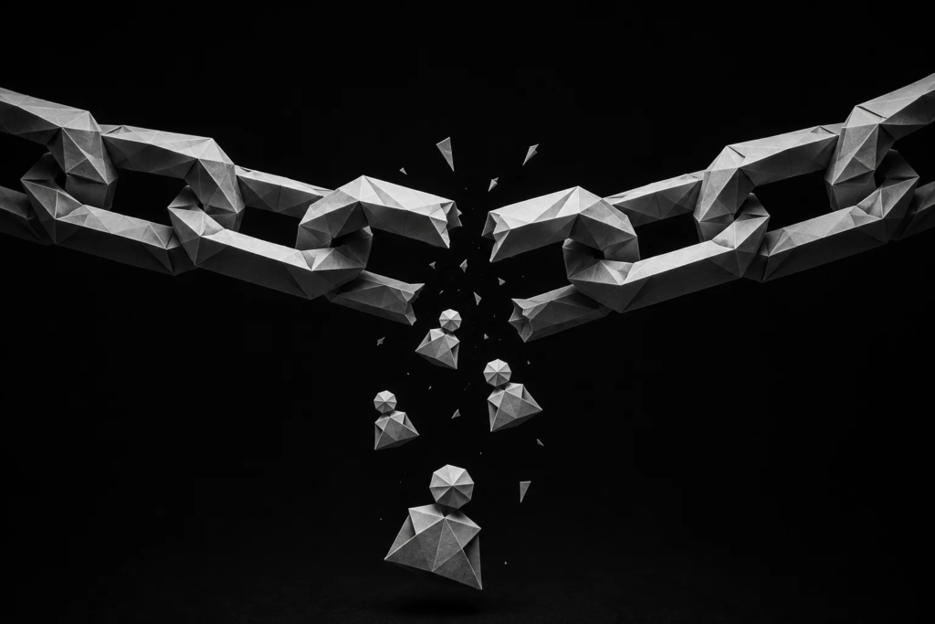 Broken origami chains above falling customer figures, illustrating CRM process failures that cause leads to slip through the cracks