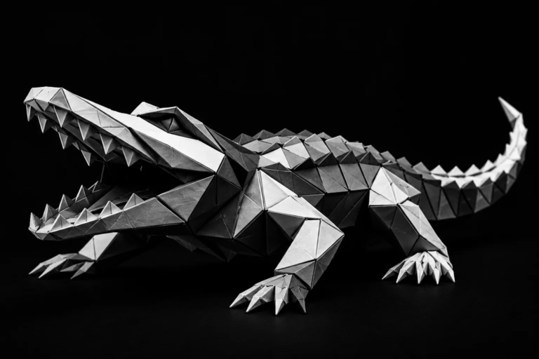 Monochrome origami alligator representing dormant remodeling leads that become harder to recover after the first quote and lack of continued follow-up