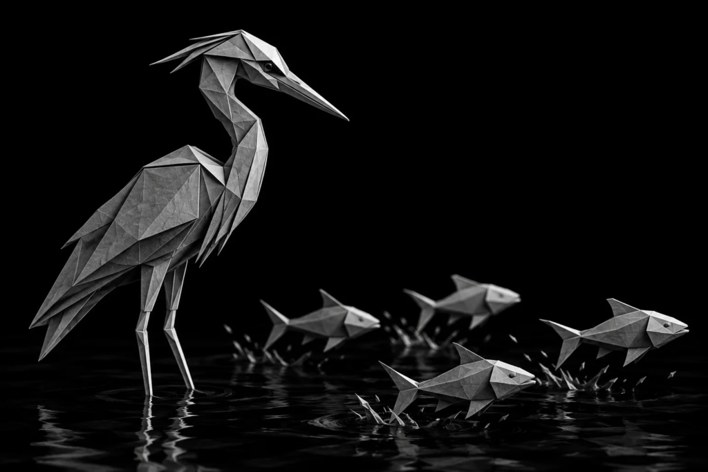 Origami heron watching fish in the water, symbolizing the need for contractors to monitor and respond to incoming leads before opportunities disappear