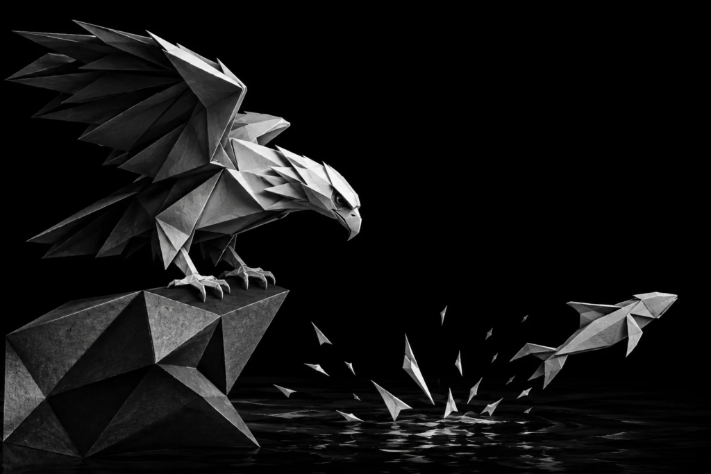 Monochrome origami eagle watching a fish escape, representing contractors missing potential leads while focused on active job site work