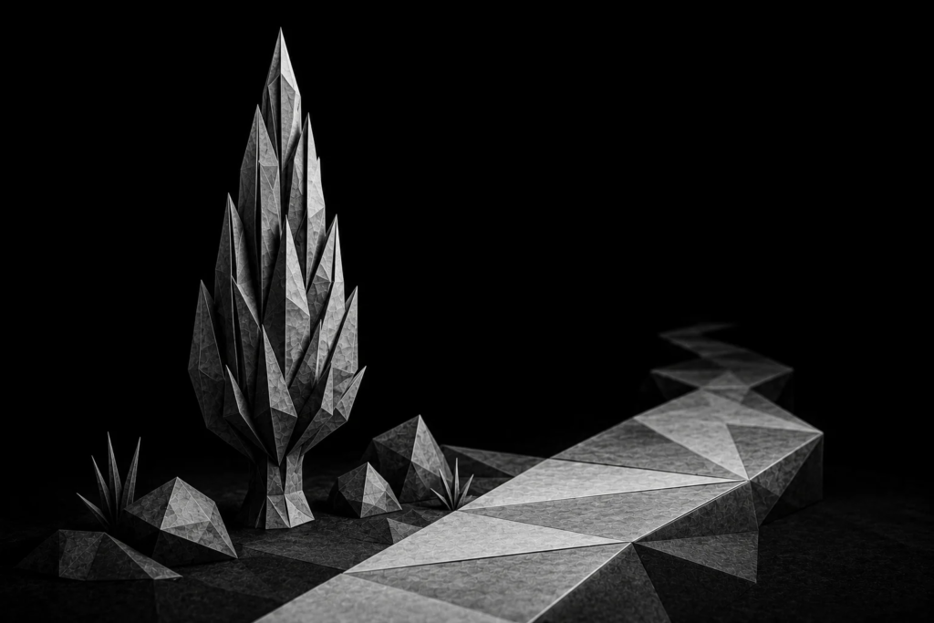 Origami pathway leading forward beside a tree, representing a structured follow-up process for unsold estimates stored in a CRM