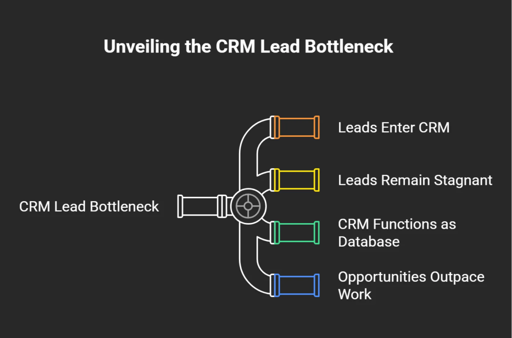 Diagram showing a CRM lead bottleneck where opportunities enter the system but remain stagnant due to limited follow-up and workflow capacity