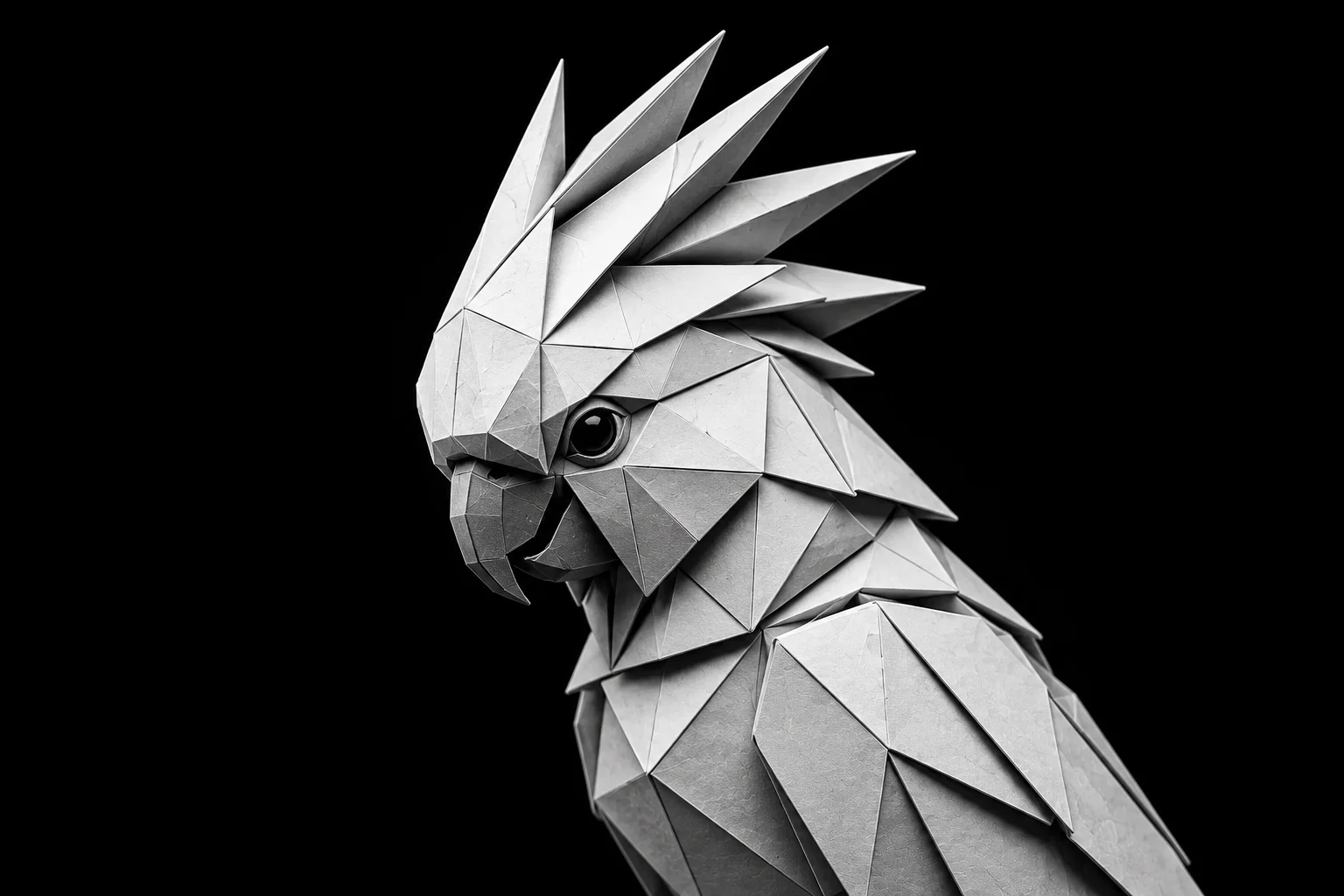 Monochrome origami cockatoo representing the awareness and attention required to avoid common CRM mistakes that cause lead loss