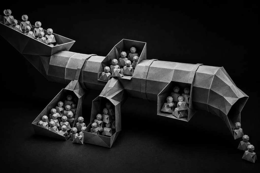 Origami pipeline with customer figures accumulating in different sections, representing CRM bottlenecks, poor lead routing, and follow-up failures