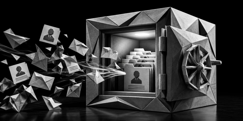 Origami documents and contact records being stored inside a secure filing system, representing lead database cleanup and organization before an SMS campaign