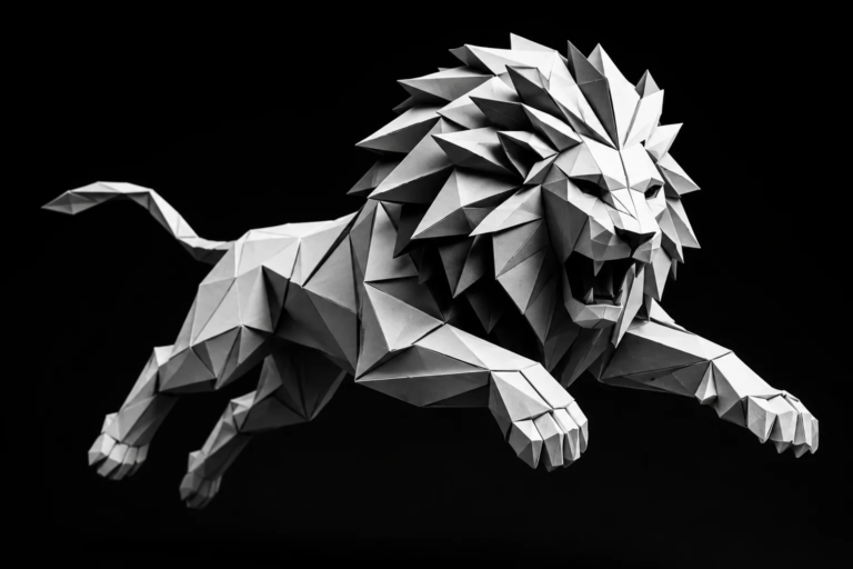 Monochrome origami lion representing confidence and clarity when accurately evaluating the quality of Facebook leads instead of relying on assumptions