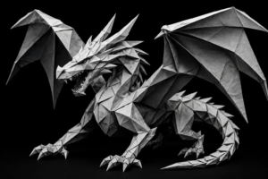 Monochrome origami dragon representing the power and momentum businesses build during the first 30 days of AI SMS implementation and lead reactivation