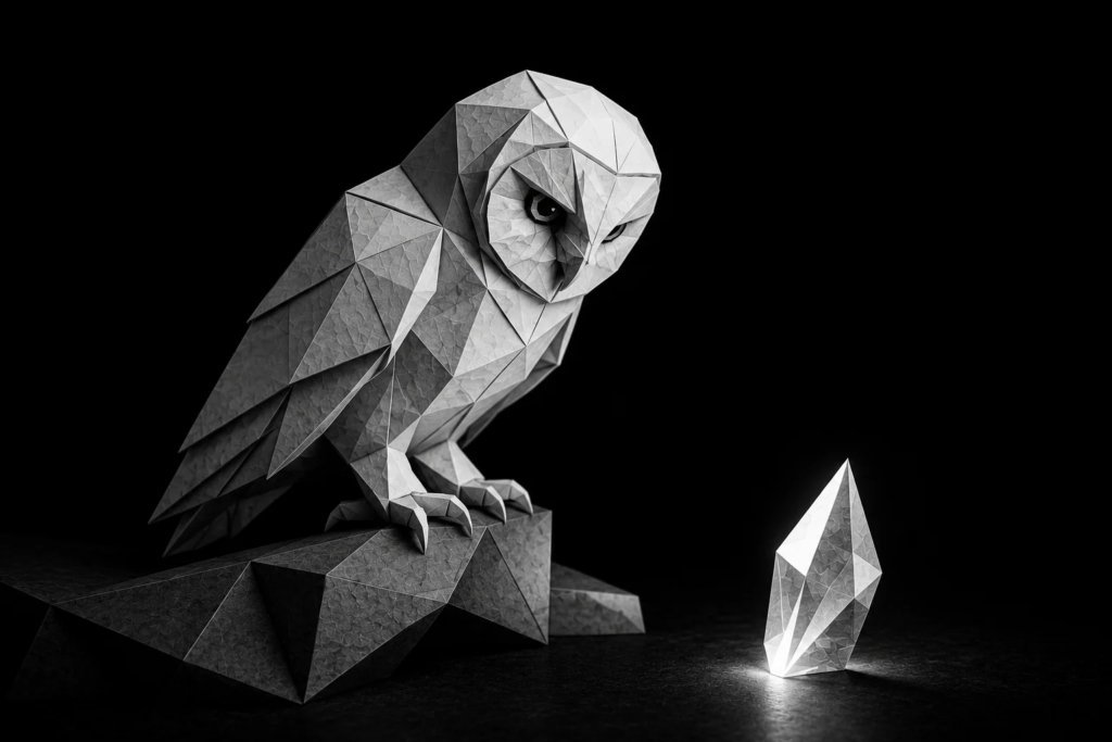 Monochrome origami owl observing a crystal, symbolizing careful evaluation of follow-up performance, response rates, and lead conversion opportunities