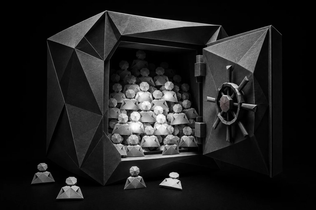 Open origami vault filled with customer figures, representing valuable leads that remain buried and unused inside a CRM system