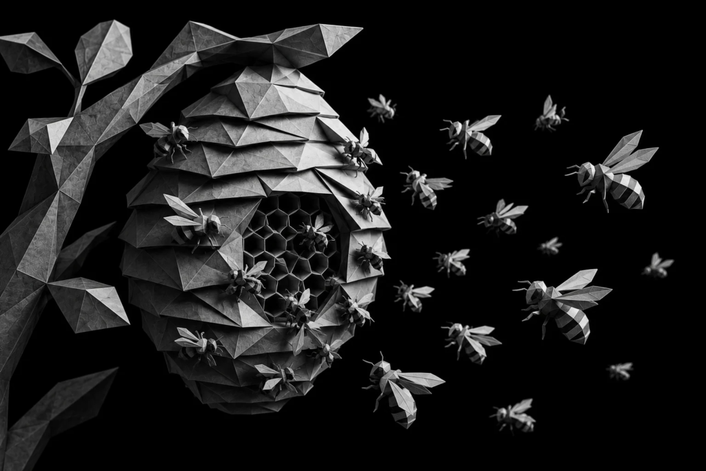 Monochrome origami beehive surrounded by a swarm of bees, illustrating the flood of customer calls and service requests HVAC companies receive during peak summer months