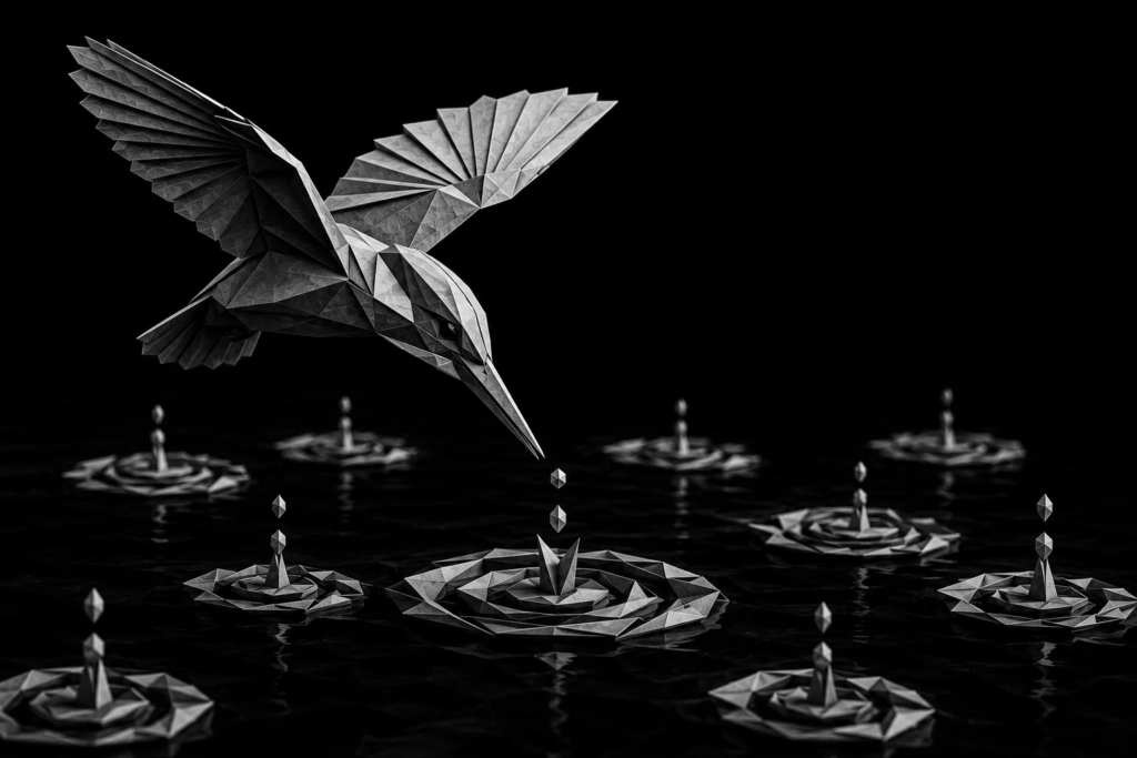 Monochrome origami hummingbird collecting droplets from multiple sources, representing HVAC companies handling a surge of incoming calls and service requests during summer