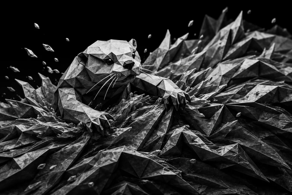 Monochrome origami otter surrounded by sharp geometric obstacles, representing HVAC teams overwhelmed by peak-season workload and missed revenue opportunities