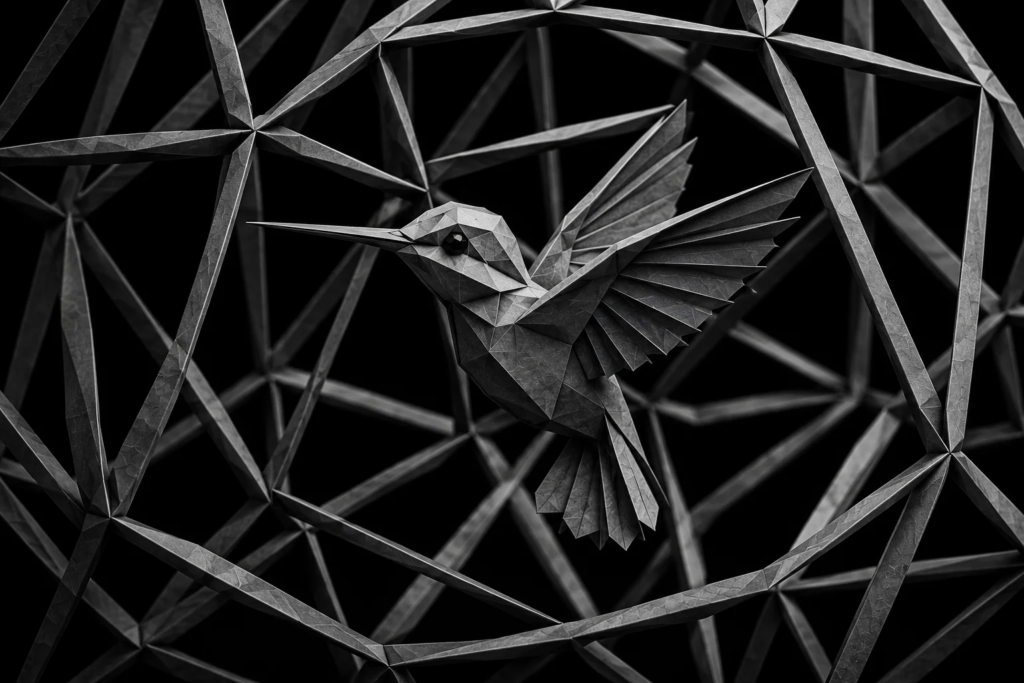 Monochrome origami hummingbird navigating a complex geometric structure, symbolizing the challenge of maintaining consistent lead follow-up as inquiry volume increases