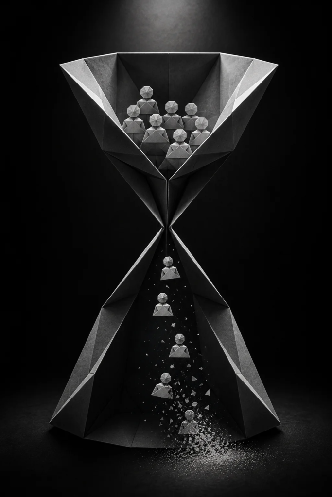 Monochrome origami hourglass showing leads slipping away over time when no person or system owns follow-up responsibility
