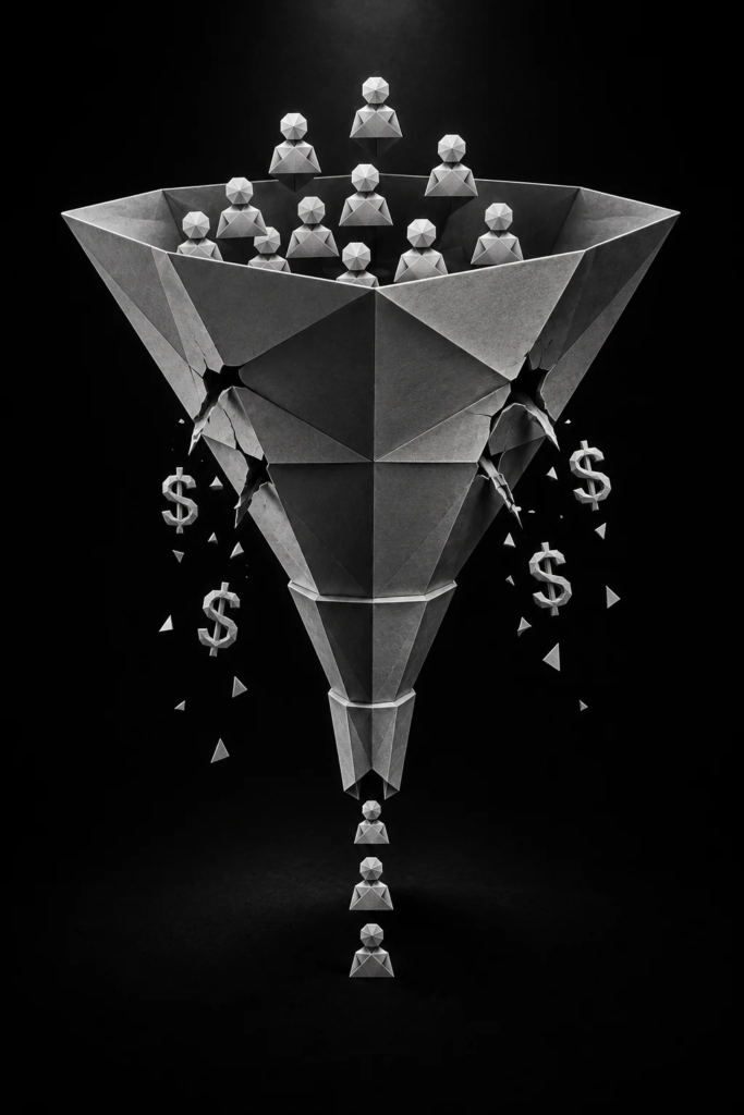 Monochrome origami funnel with visible cracks representing revenue loss and lead leakage caused by unclear follow-up ownership