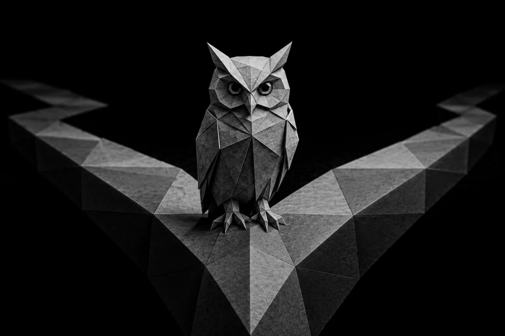 Monochrome origami owl standing at a forked path, symbolizing the decision between a lead generation problem and a follow-up problem