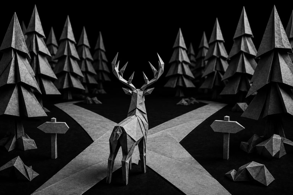 Monochrome origami stag standing at a crossroads, symbolizing the need to identify whether poor results come from lead quality, response speed, or follow-up processes
