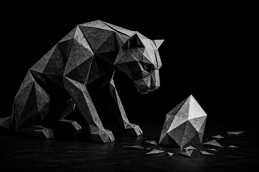 Monochrome origami panther examining a crystal, representing the analysis of lead quality and sales opportunities when diagnosing business growth challenges