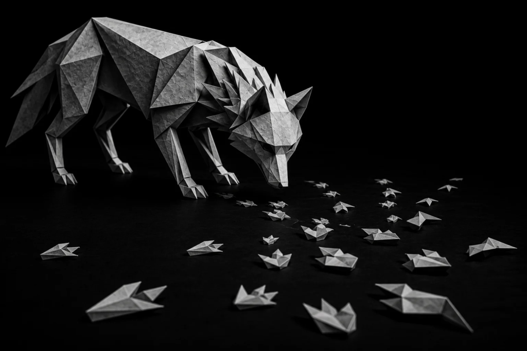 Monochrome origami wolf examining scattered paper leads, representing how local businesses often mistake follow-up problems for bad lead quality