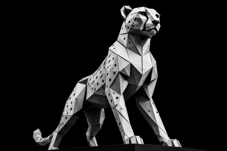 Monochrome origami cheetah representing the speed and urgency of lead opportunities that local businesses lose when purchased leads are never fully worked