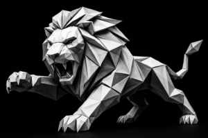 Monochrome origami lion symbolizing the strength and competitive advantage businesses gain when local SEO traffic is converted into revenue through effective lead management and follow-up