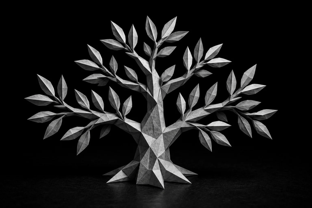 Monochrome origami tree symbolizing the long-term revenue potential that can grow from unsold estimates through consistent follow-up