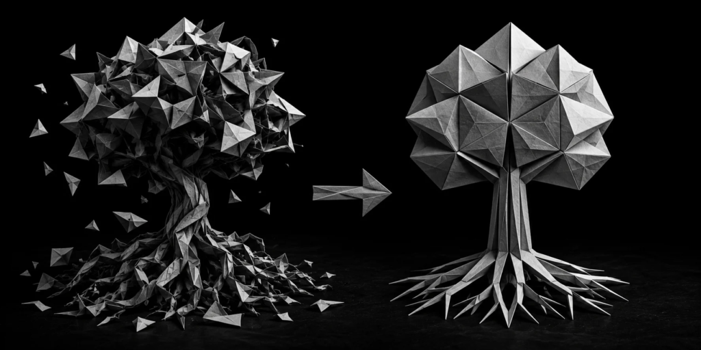 Origami tree transforming from a tangled structure into an organized tree, illustrating CRM cleanup before launching an AI SMS reactivation campaign.