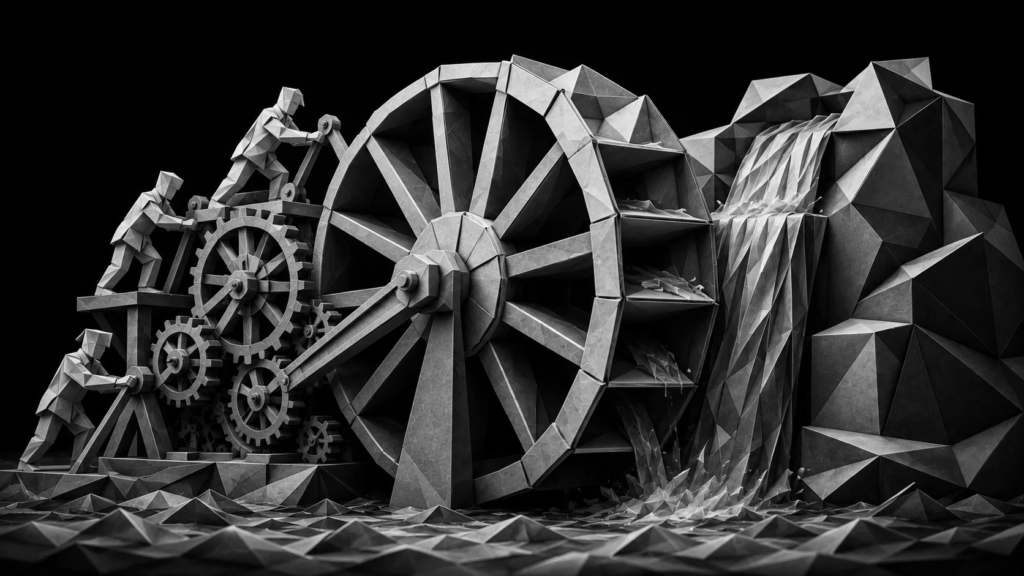 Origami workers operating a large waterwheel, illustrating the ongoing manual effort required from office assistants compared to automated lead reactivation systems