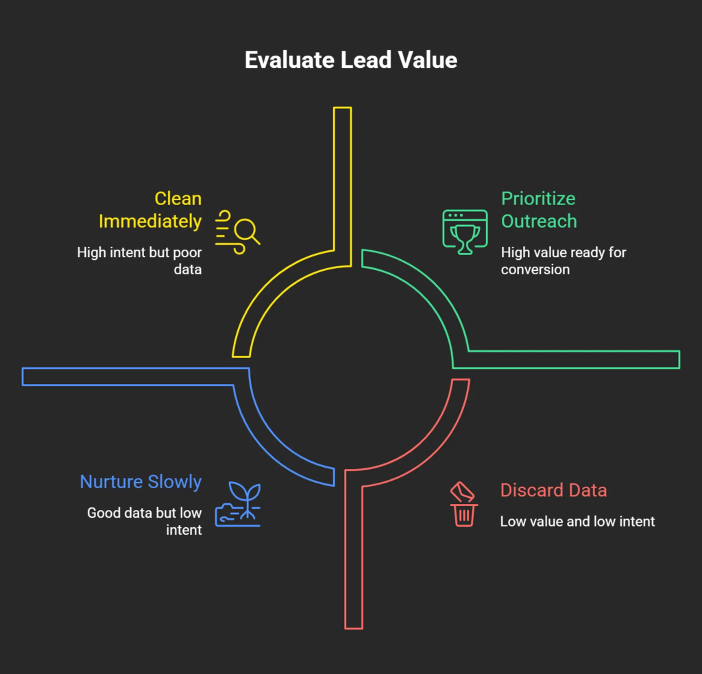 Infographic showing how to categorize old leads by value, including records to prioritize, nurture, clean up, or remove from the database