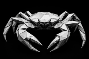 Monochrome origami crab symbolizing persistence and consistency within a structured lead follow-up workflow
