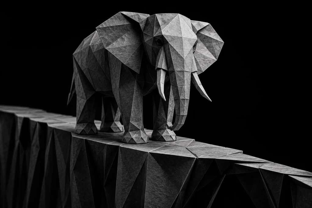 Monochrome origami elephant walking along a narrow path, representing the strain of managing growing lead volume with an overloaded sales process