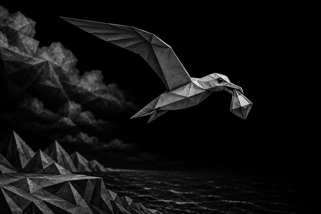 Monochrome origami bird carrying a gemstone, symbolizing the recovery of valuable roofing leads that were missed or left unanswered after storm season