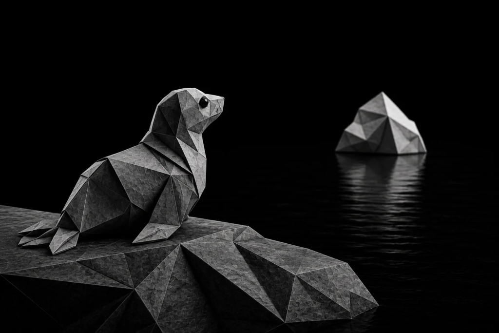 Monochrome origami seal watching from a shoreline, representing roofing leads that remain uncontacted and inactive after storm season demand begins to fade