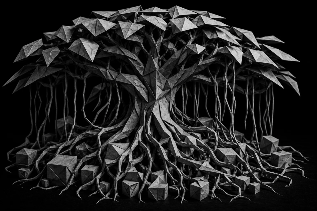 Monochrome origami banyan tree with exposed roots representing hidden sales process bottlenecks that limit a business's ability to handle more leads