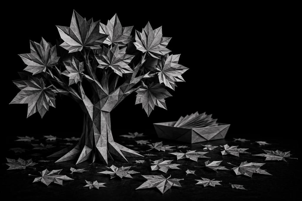 Monochrome origami tree shedding leaves beside a paper boat, symbolizing roofing opportunities that gradually disappear when storm-season leads are not followed up