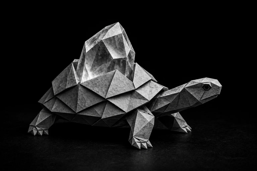 Monochrome origami turtle carrying a crystal-like structure, representing slow-moving sales opportunities that may close later with continued follow-up.