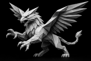 Monochrome origami griffin representing the balance between speed-to-lead and persistent follow-up in maximizing lead conversion opportunities