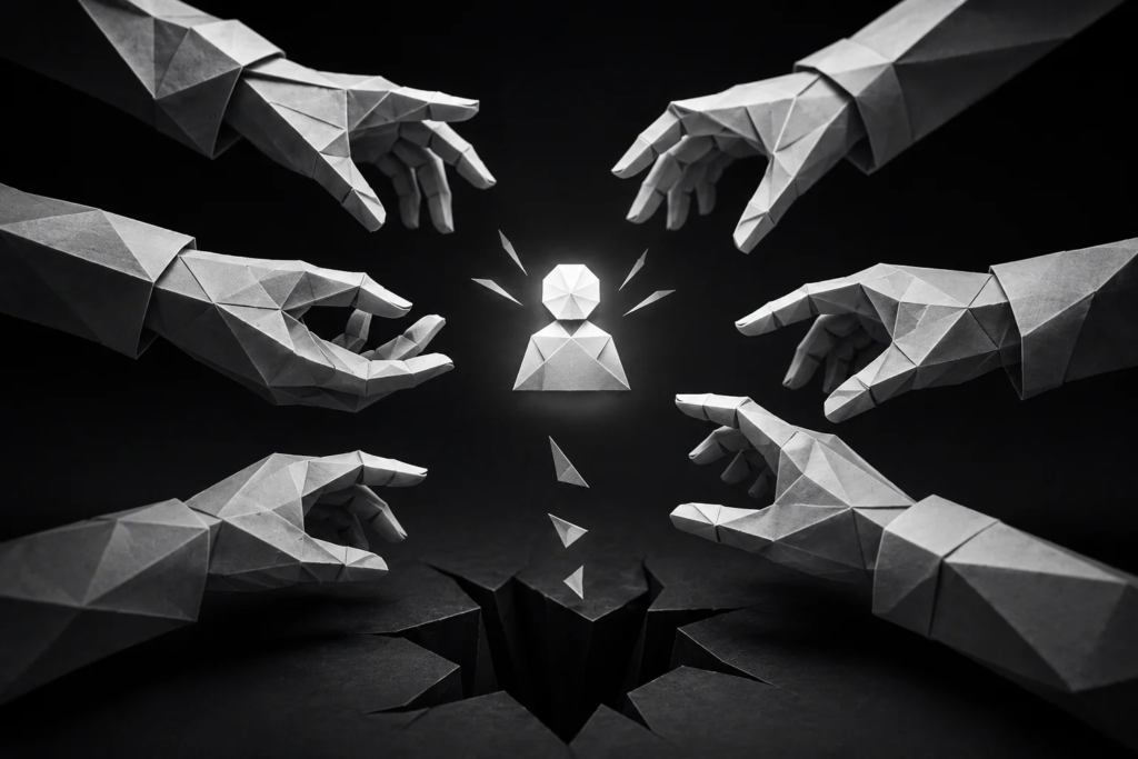 Monochrome origami hands reaching toward a lead from different directions, illustrating confusion and lack of accountability when follow-up responsibility is not clearly assigned