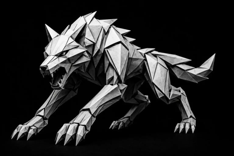 Monochrome origami wolf in a stalking pose representing unsold estimates that remain valuable opportunities when followed up instead of being forgotten in a CRM