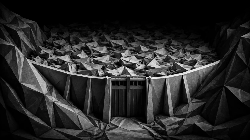 Large origami reservoir filled with paper boats representing a database of unused leads that can be reactivated before investing in additional administrative staff