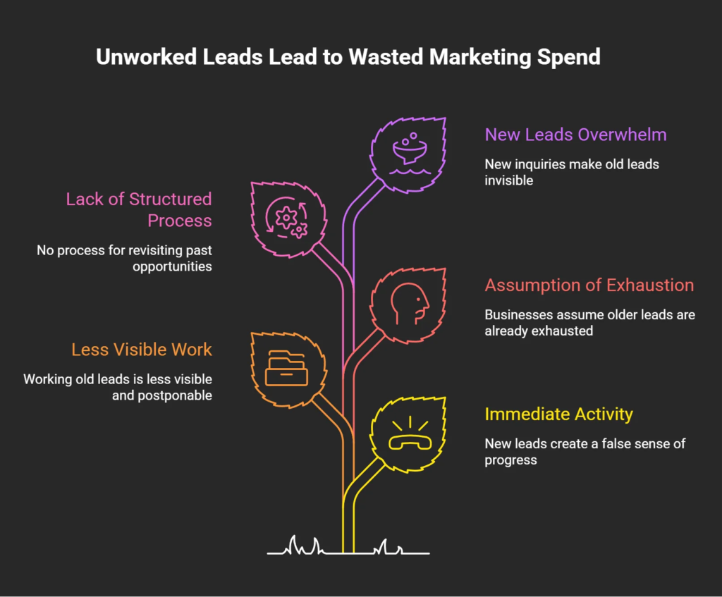 Infographic illustrating why older leads go unworked, including lack of process, low visibility, new lead overload, assumptions about lead exhaustion, and focus on immediate activity
